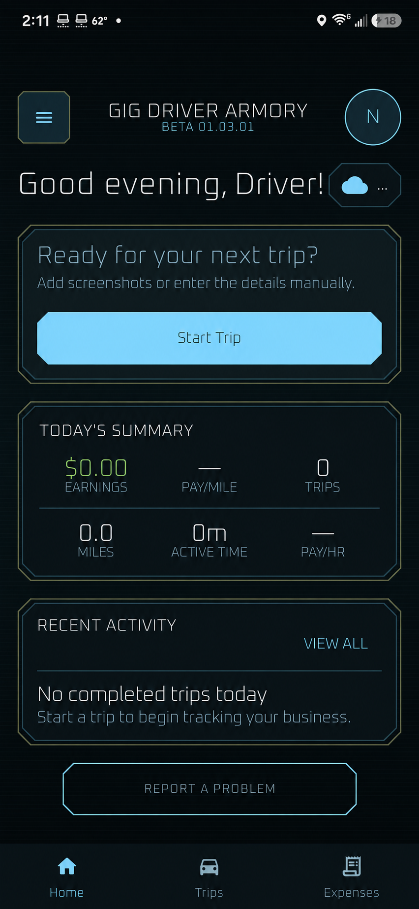 Gig Driver Armory dashboard showing trip entry and daily summary