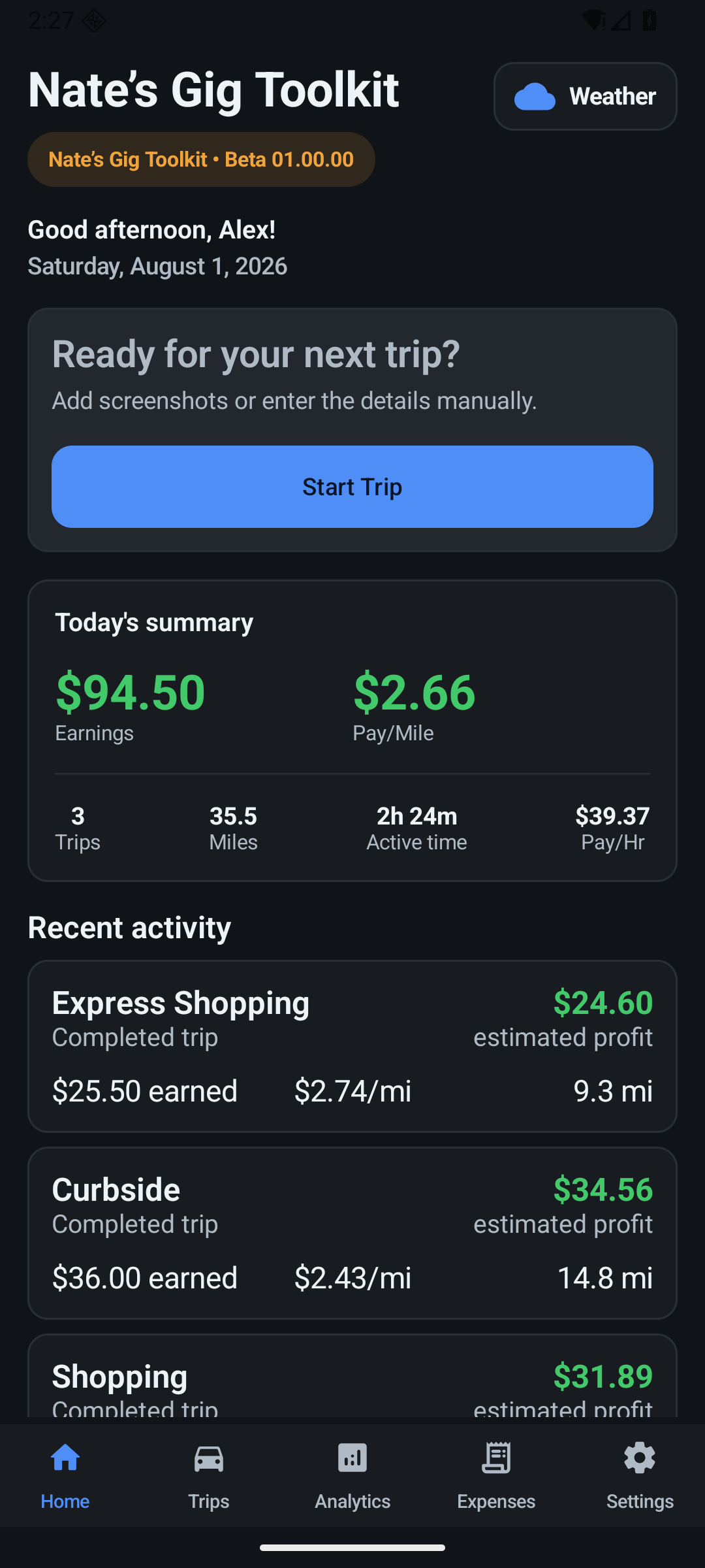Gig Driver Armory dashboard with fictional sample trip and earnings data